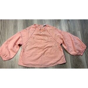 ZARA Embroidered Eyelet Lace Blouse pink Puff Sleeve Ruffle Neck XS‎ girly soft
